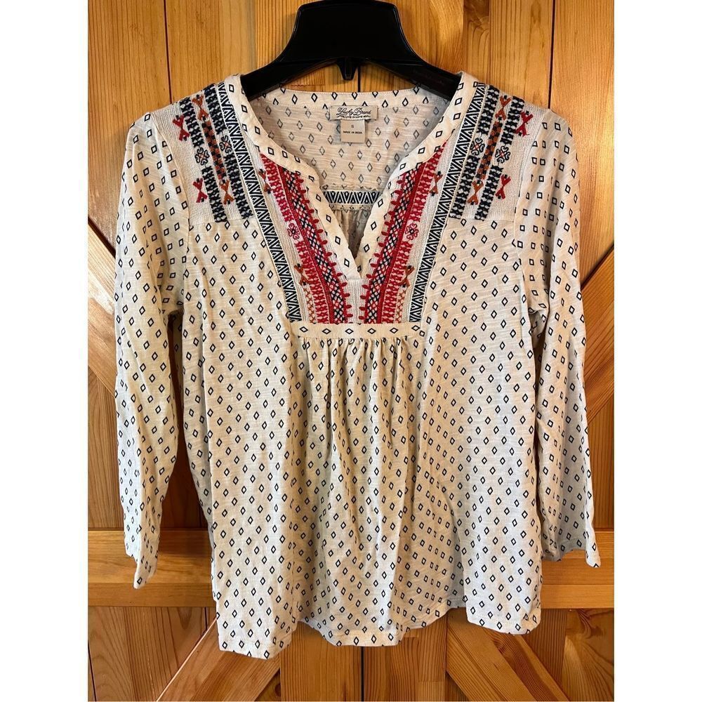 Lucky Brand Cream Boho Embroidered Peasant Blouse with Red & Navy Accents
